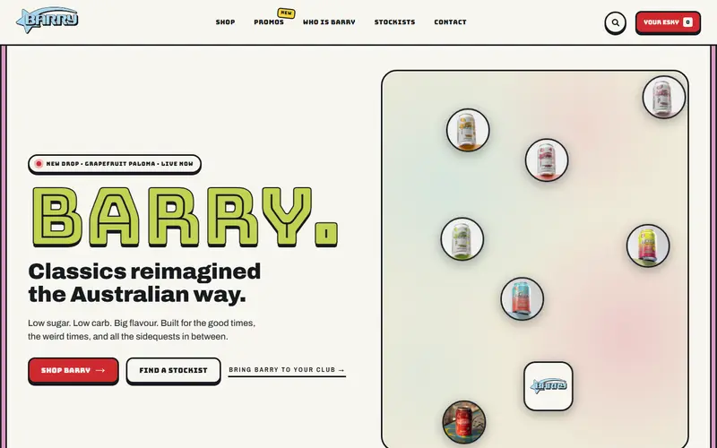 Barry's Drink concept site — floating drink cans over the brand hero.