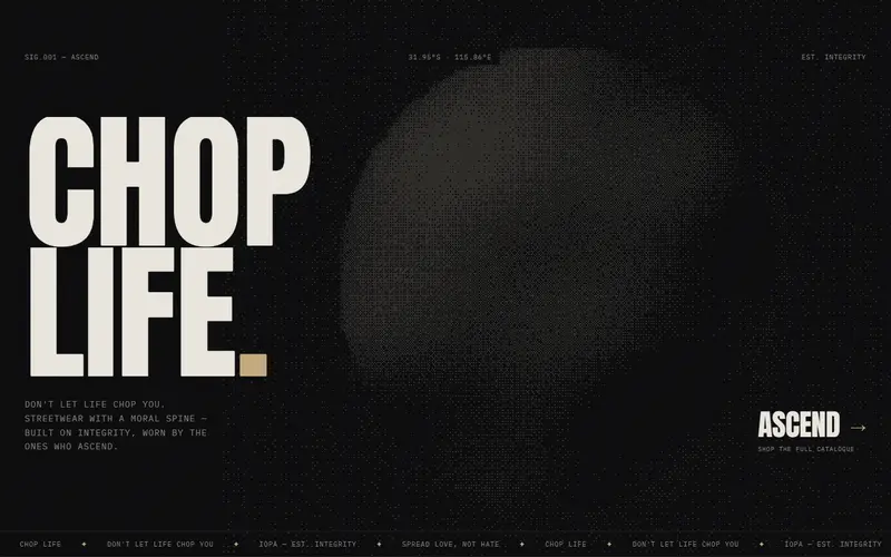 IOPA Apparel concept site — CHOP LIFE hero over a dithered transmission orb.
