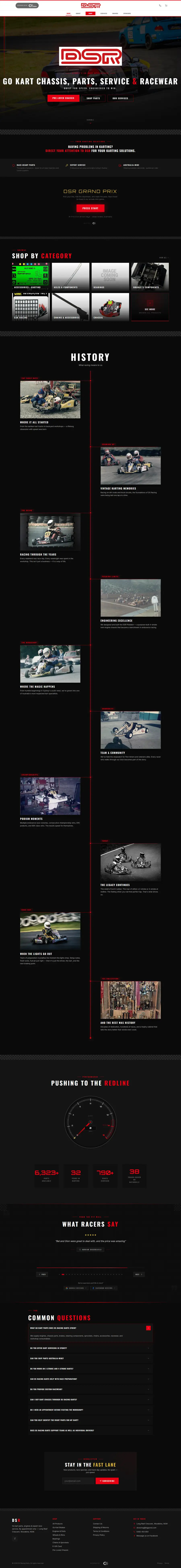 DS Racing Karts home page, end to end — dark motorsport hero, kart categories, latest products and newsletter.