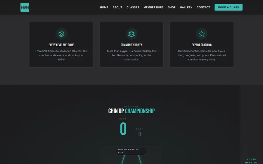 HVN CrossFit — training value props over dark photography.