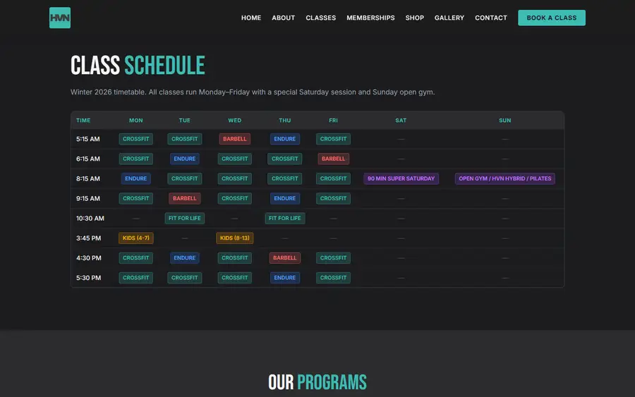 HVN CrossFit — live class timetable.