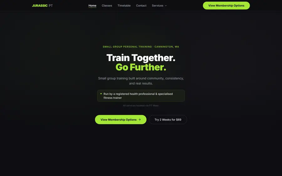 Jurassic PT home page — a dark, lime-accented hero for a Cannington personal-training studio.