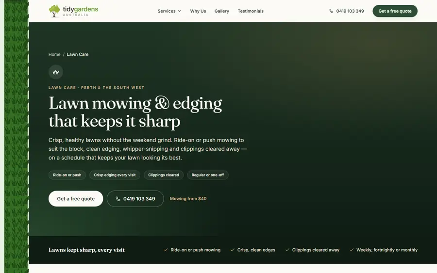 Tidy Gardens — the scroll-driven lawnmower motif cutting tall grass into a striped lawn.