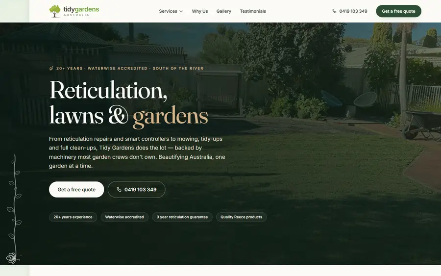 Tidy Gardens Australia home page — a green, motion-led hero for a Perth garden-care business.