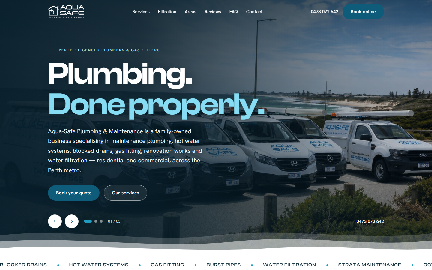 Hero — the company's own fleet at a Perth beach, behind a rotating three-panel headline and a service ticker