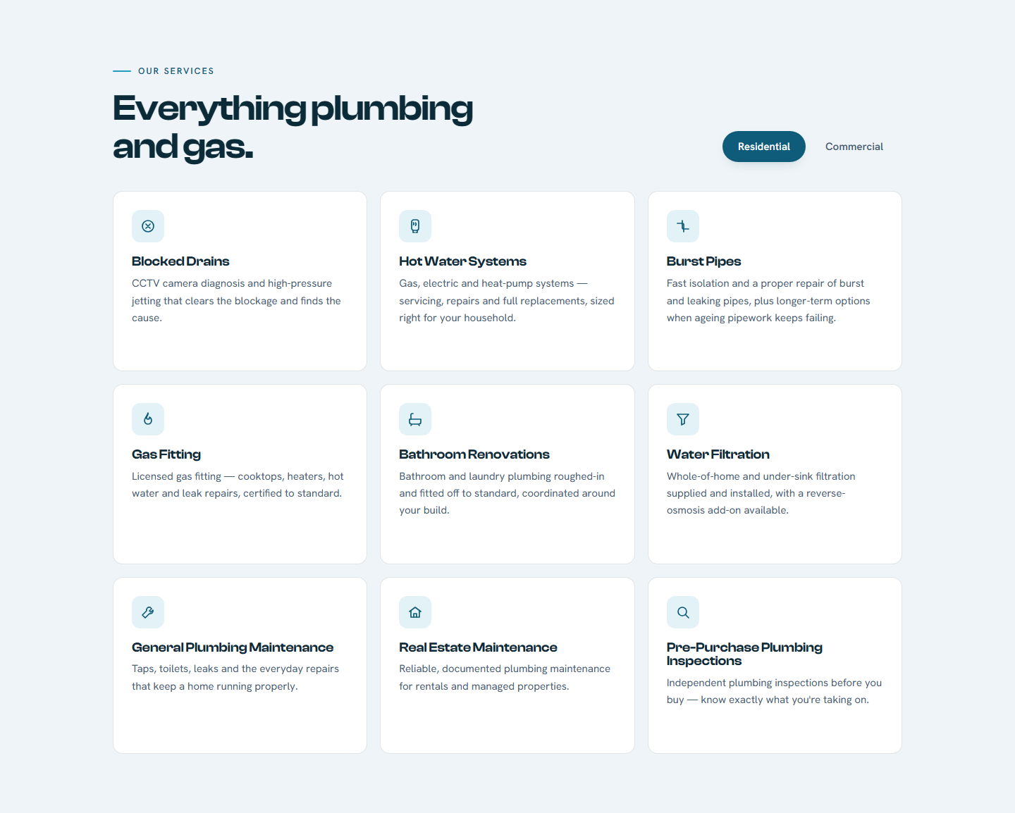 Services — nine residential trades with a Residential / Commercial toggle, each card linking to its own booking page
