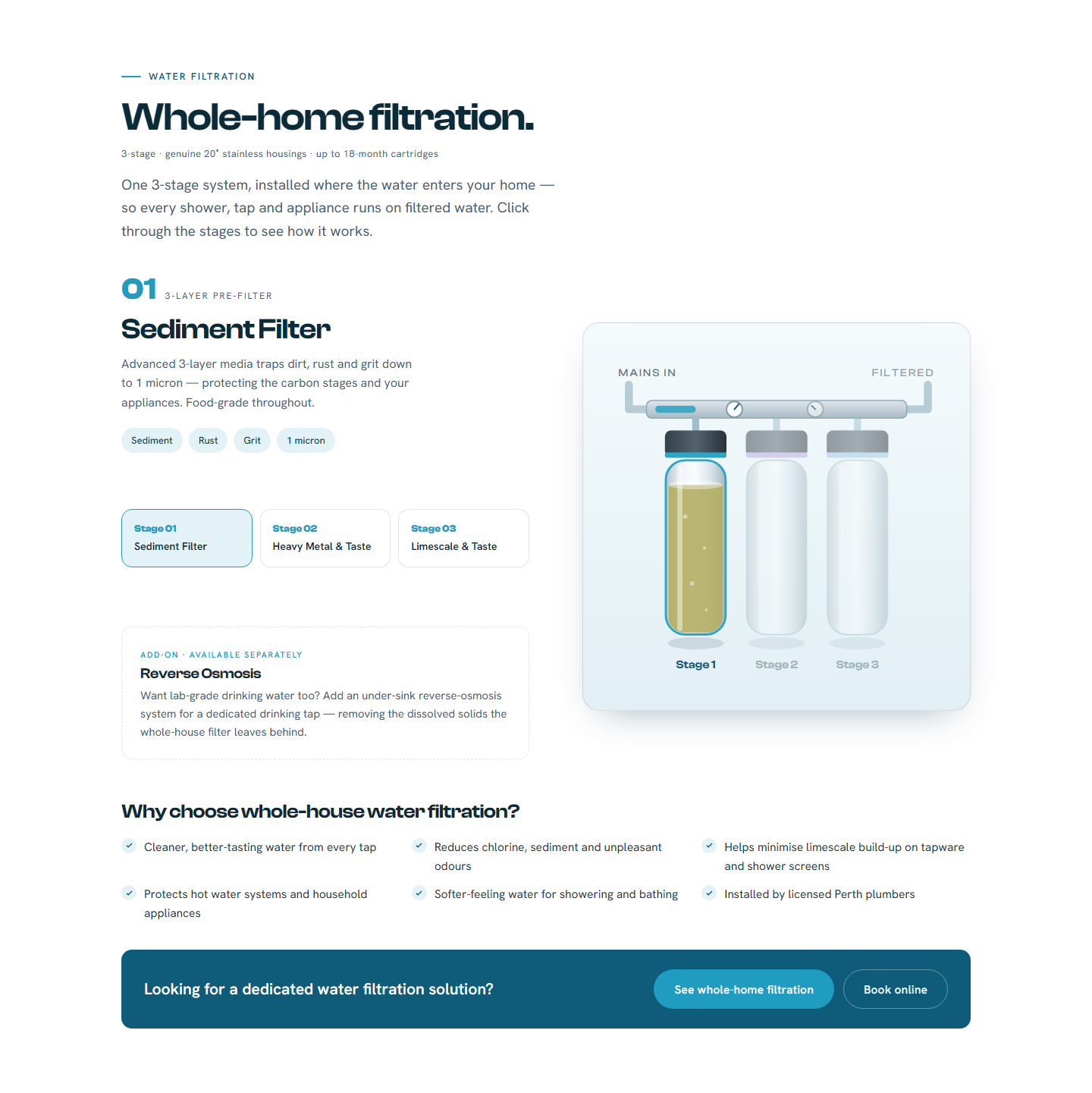 Whole-home filtration — a click-through diagram stepping the visitor through all three filter stages