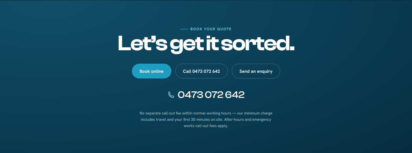 Book — call, online booking and enquiry side by side, with the call-out fee stated plainly