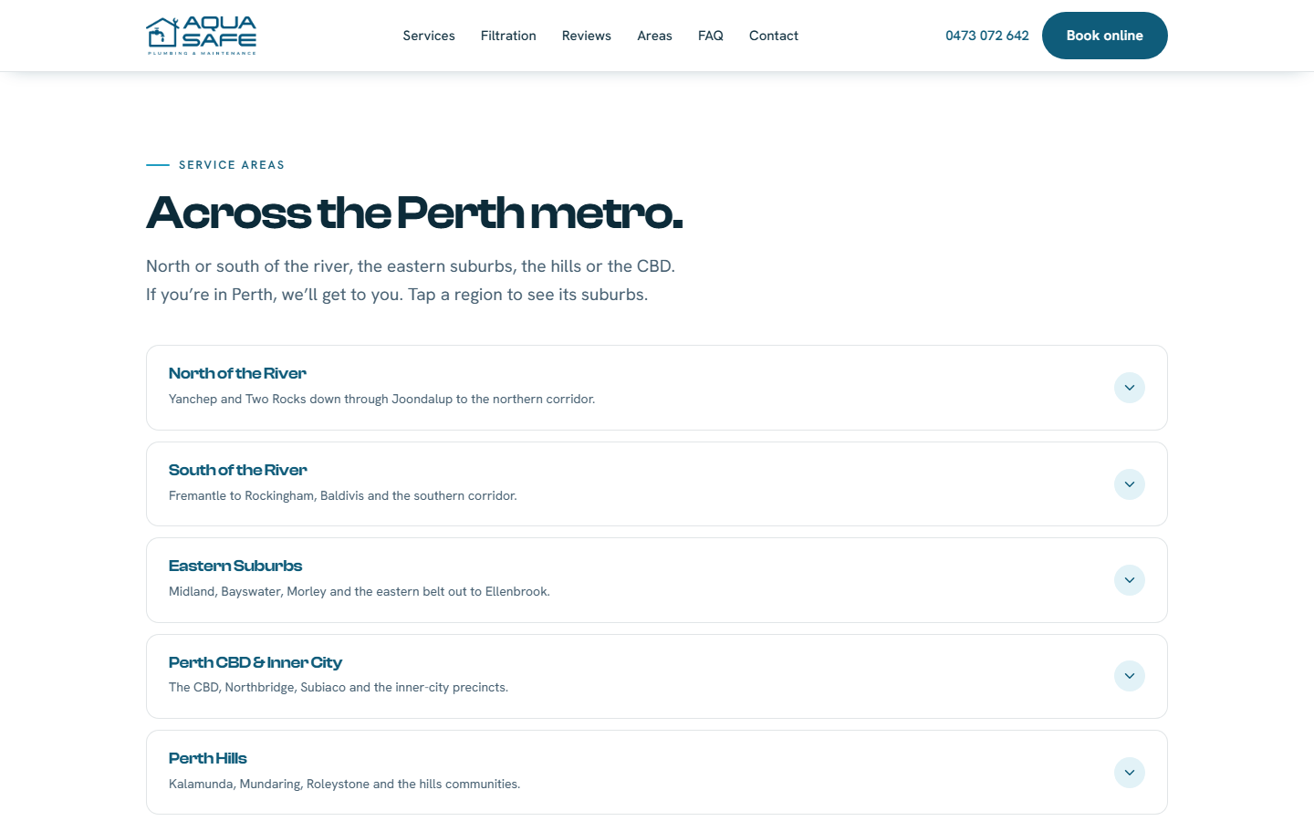Service areas — five Perth regions expanding to the suburbs, feeding the individual area pages