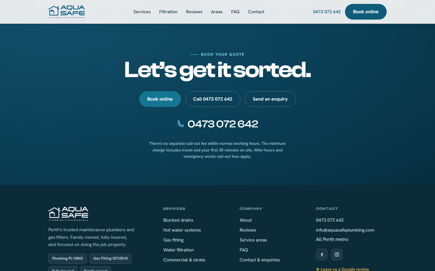 Book — call, online booking and enquiry side by side, with the call-out fee stated plainly
