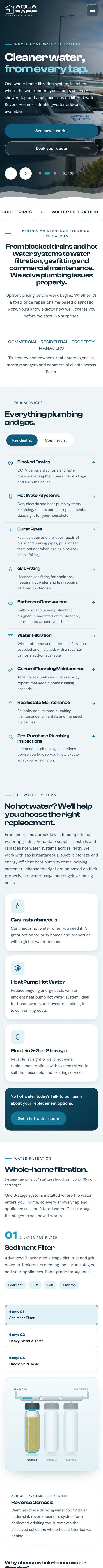 Aqua-Safe Plumbing & Maintenance's live site on a phone, from the top of the home page down