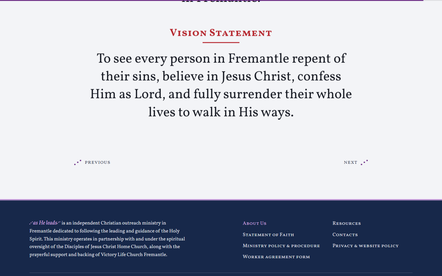 The vision statement, set large, with the ministry described in its own words underneath