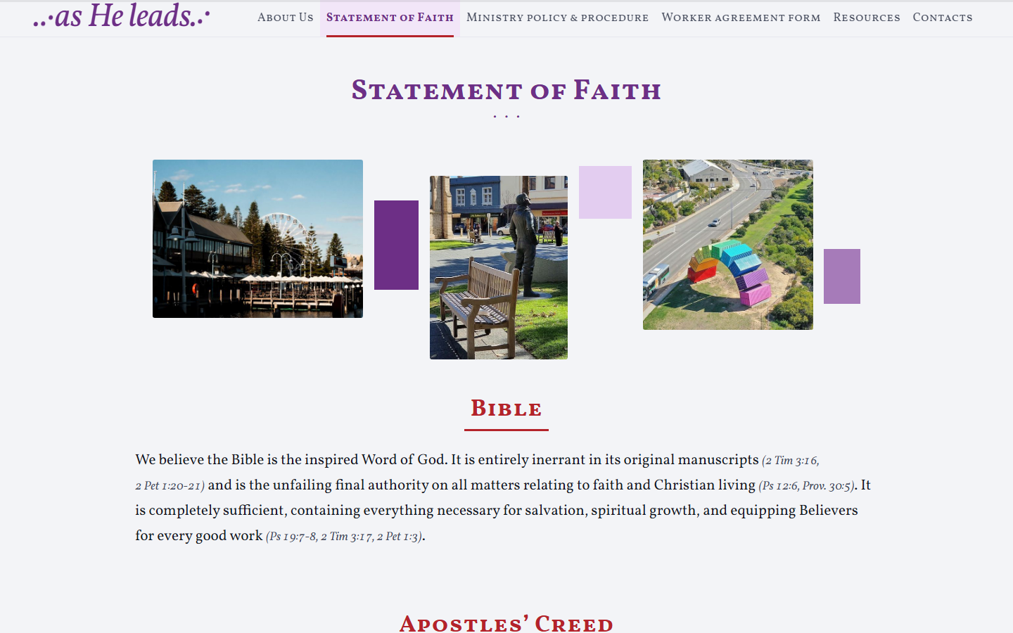 Statement of Faith. Every page opens the same way: masthead, title, then the row of photographs and shaded boxes