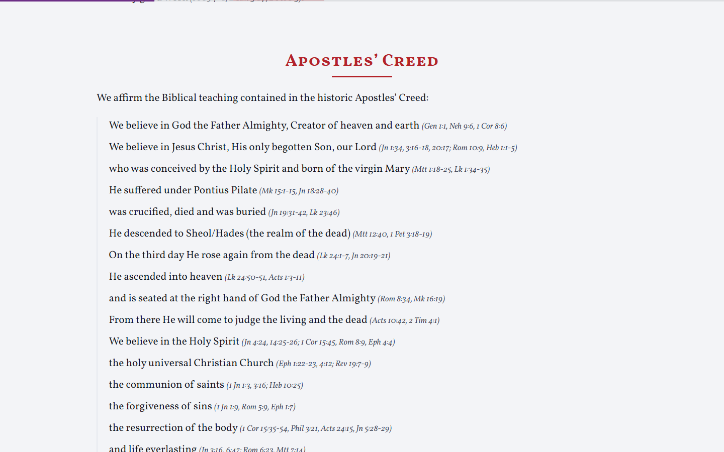 The Apostles’ Creed, each line with its scripture references, all reproduced from the ministry’s own document