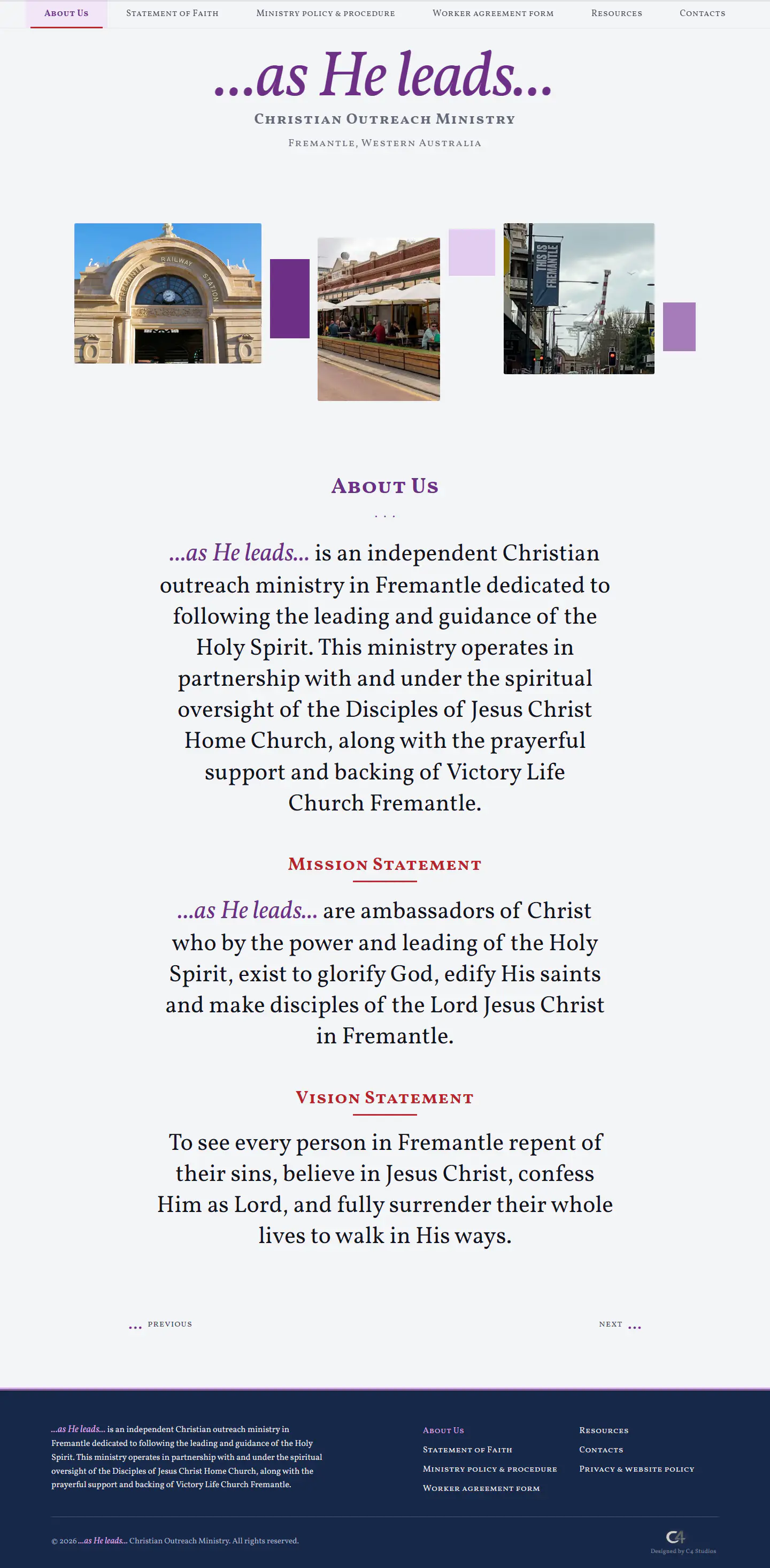 …as He leads…'s live site on a desktop screen, from the top of the home page down