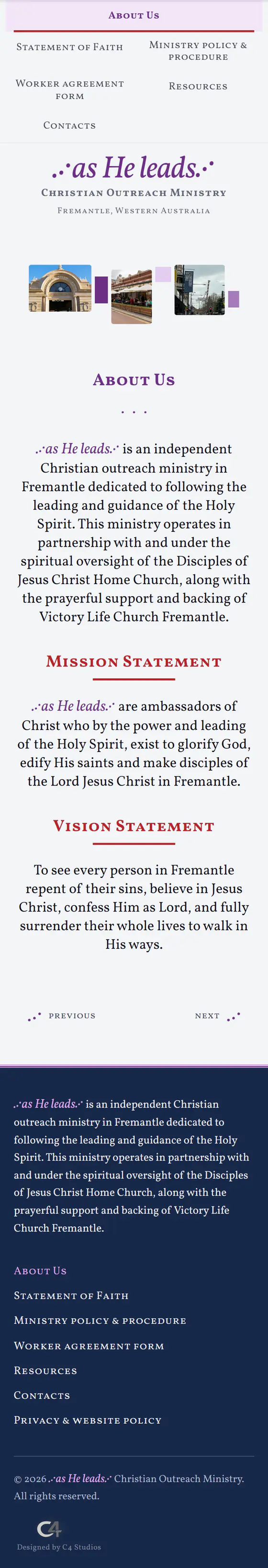 …as He leads…'s live site on a phone, from the top of the home page down
