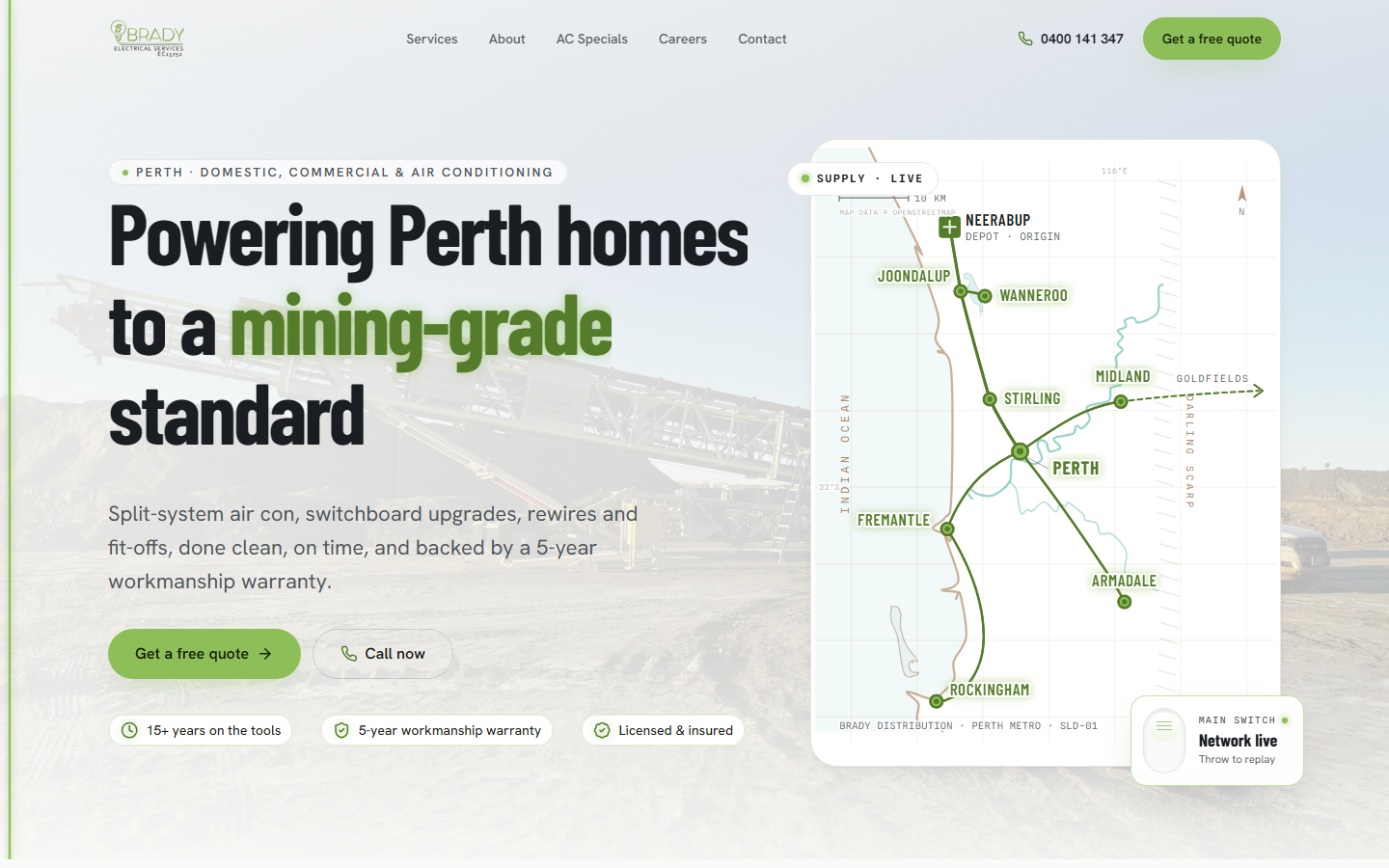 Hero — the headline sits beside a live single-line diagram of the Perth metro that energises on load, tracing feeders from the Neerabup depot out to each serviced suburb