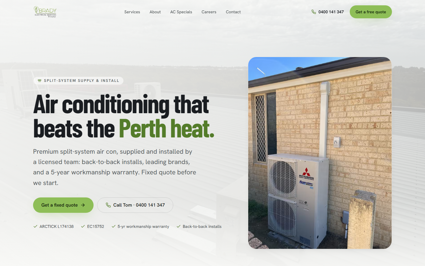Air conditioning — a dedicated landing page for split-system supply and install, with its own hero, licence credentials and fixed-quote call to action