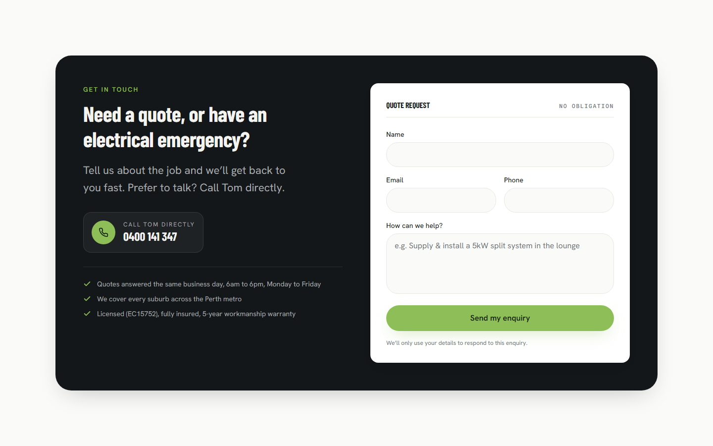 Contact — the quote request form with field-level validation, beside a call-direct card and the same-business-day response commitment