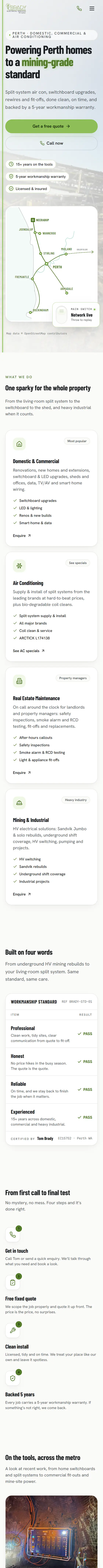 Brady Electrical's live site on a phone, from the top of the home page down