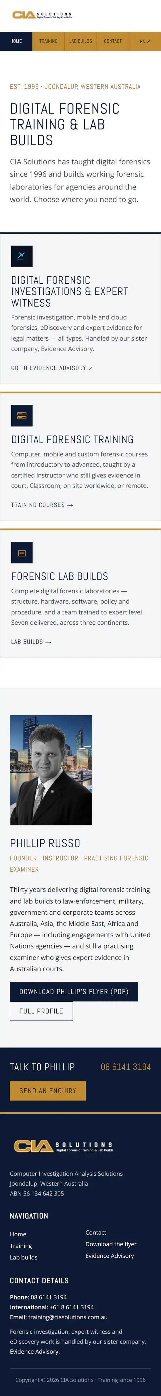 CIA Solutions's live site on a phone, from the top of the home page down