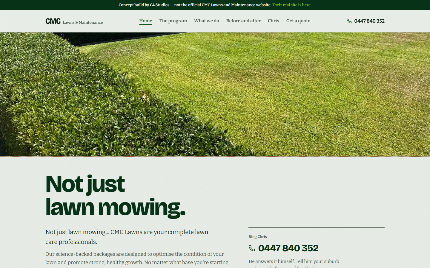 Home. The concept strip sits above everything, then the offer and the one action that matters
