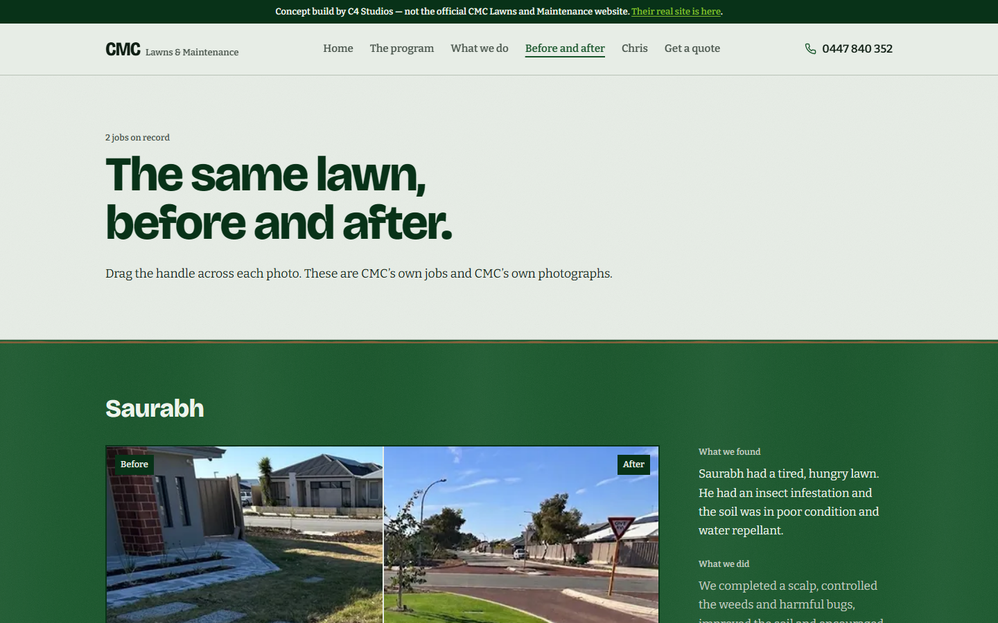 Before and after. A draggable comparison slider over the owner’s own job photos