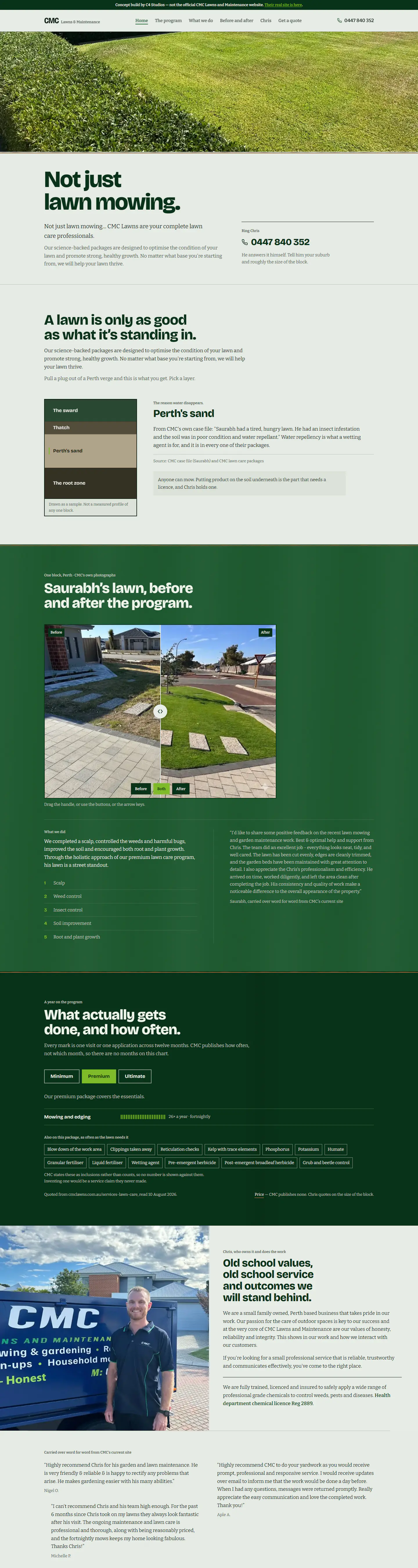 CMC Lawns's live site on a desktop screen, from the top of the home page down