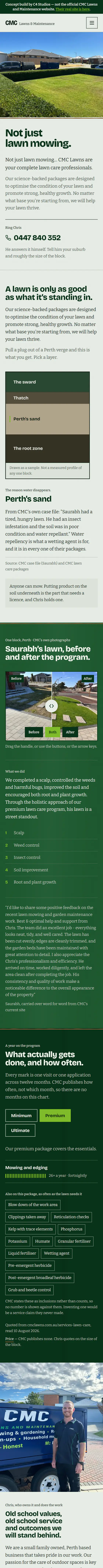 CMC Lawns's live site on a phone, from the top of the home page down