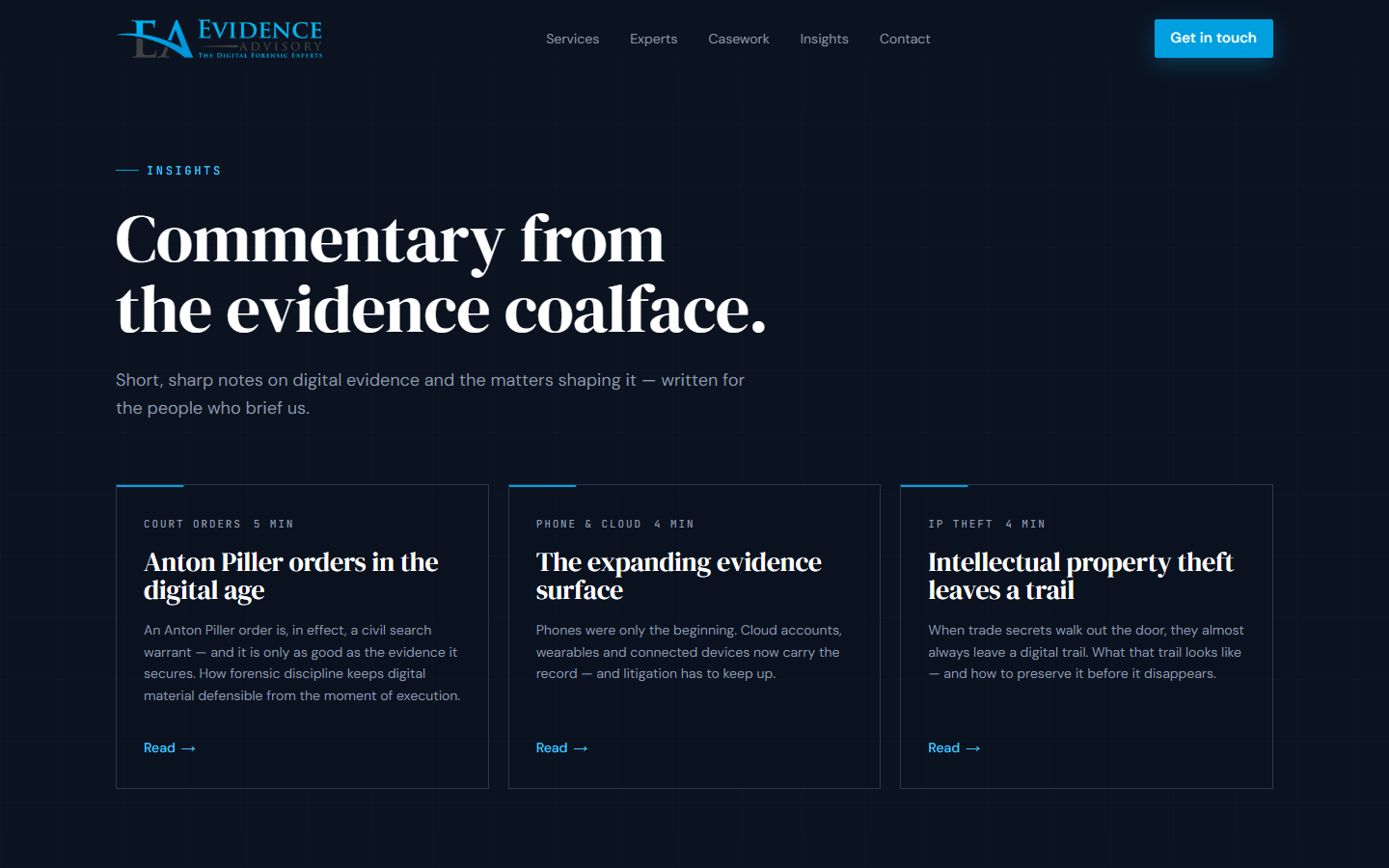 Insights — the articles index, "Commentary from the evidence coalface"