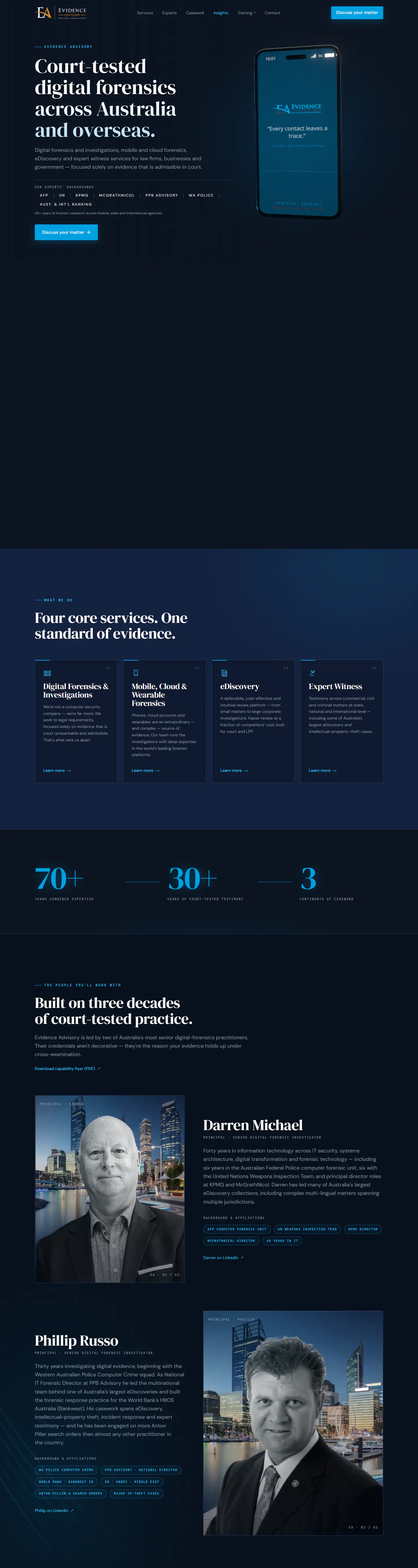Evidence Advisory's live site on a desktop screen, from the top of the home page down