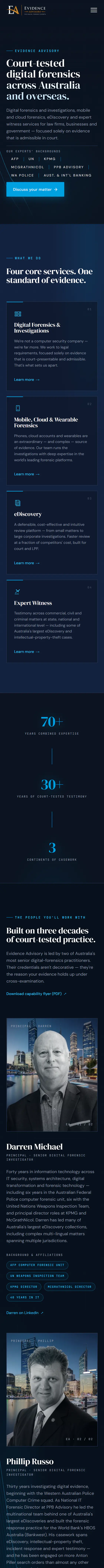 Evidence Advisory's live site on a phone, from the top of the home page down