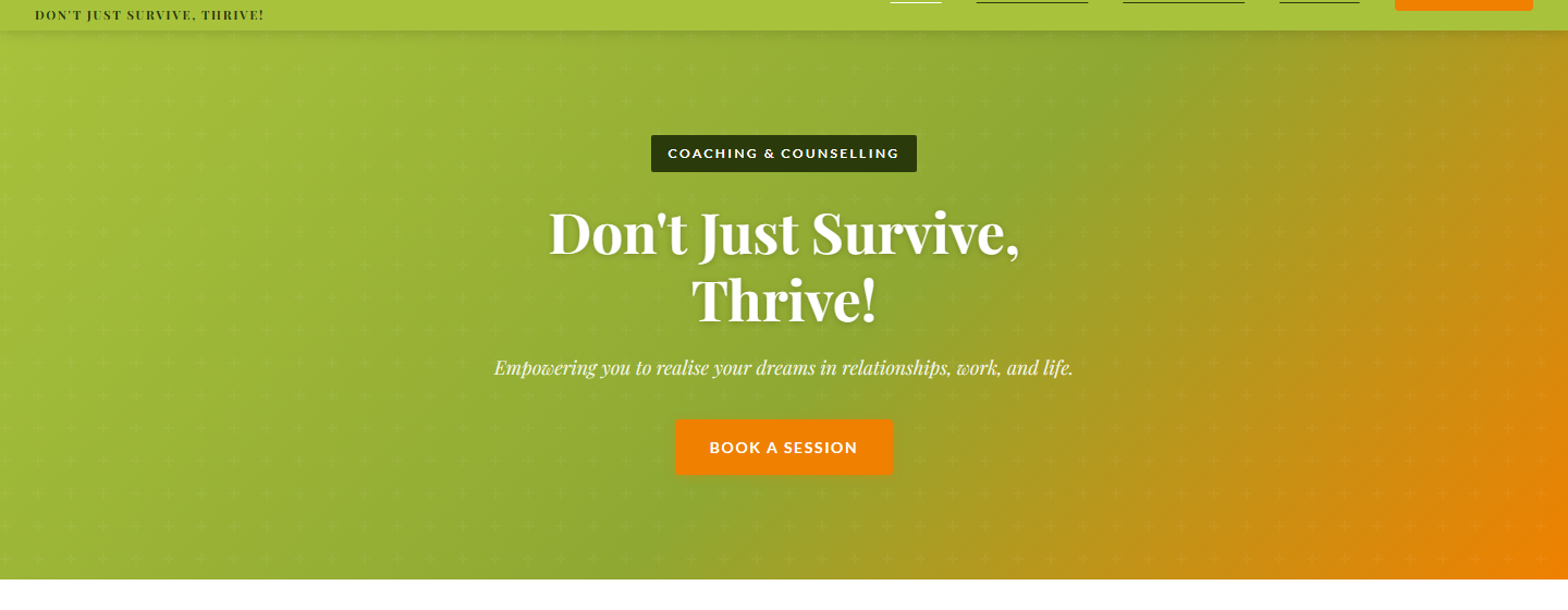 Hero — full-width background with mission statement and booking CTA
