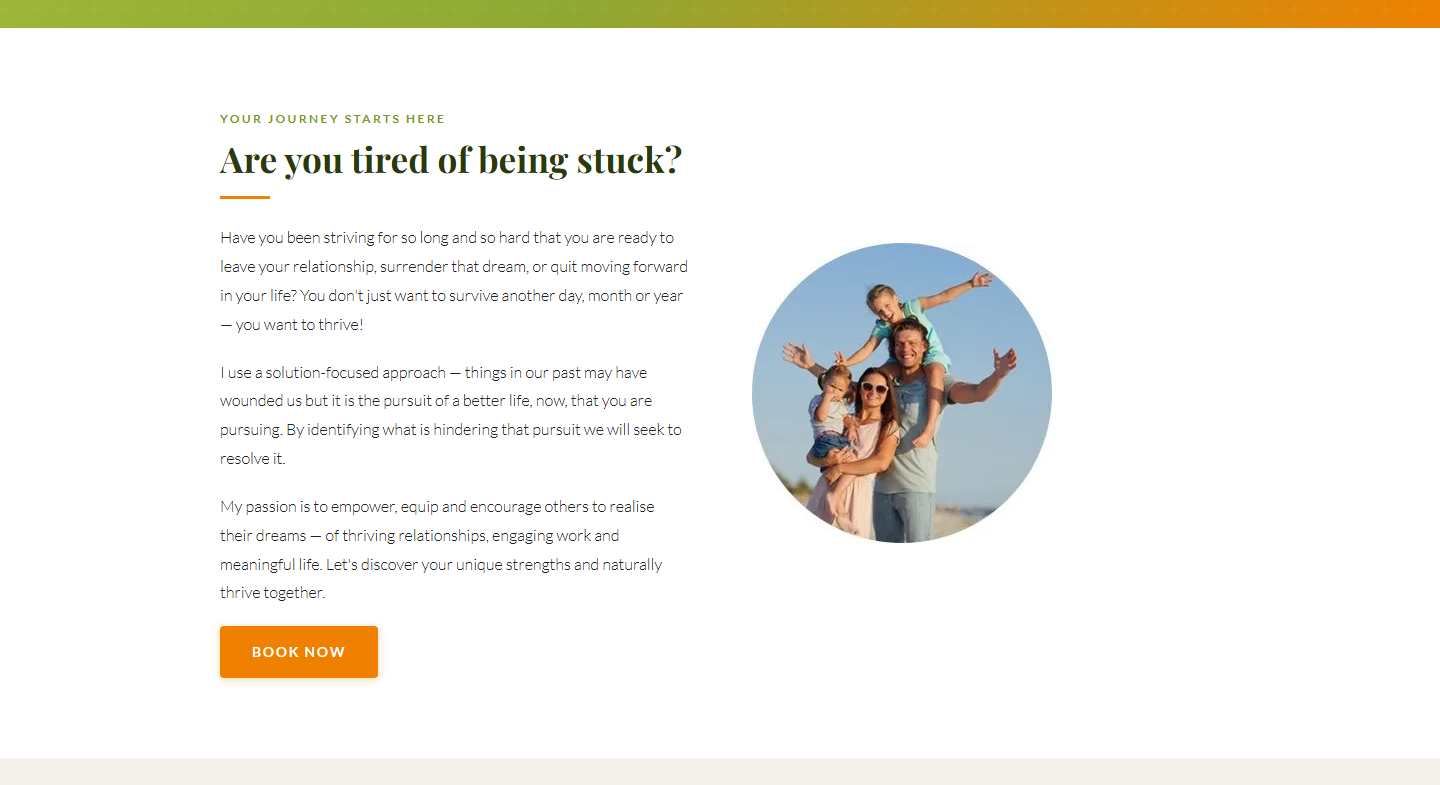 Journey section — empathetic copy with lifestyle imagery and scroll reveal