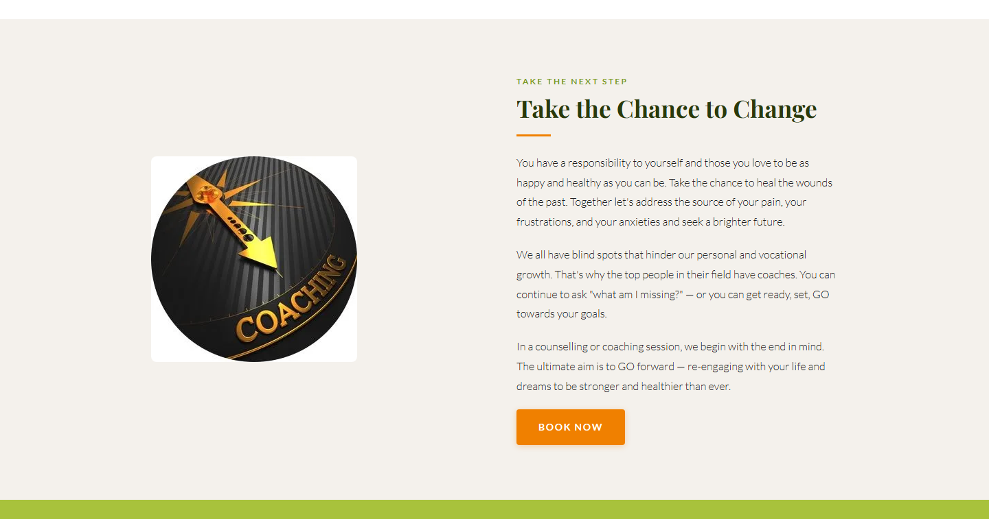 Call to action — "Take the Chance to Change" with booking prompt