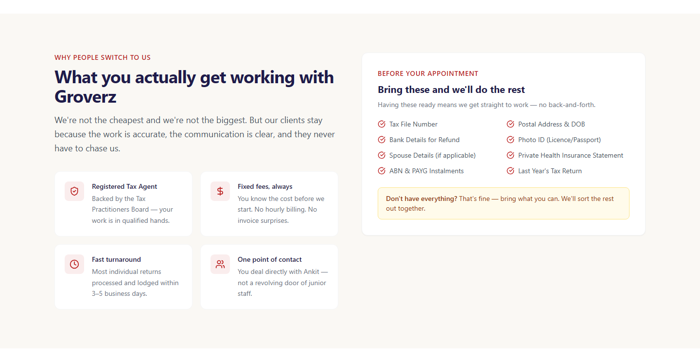 Trust markers — Registered Tax Agent, fixed fees, fast turnaround, and document checklist