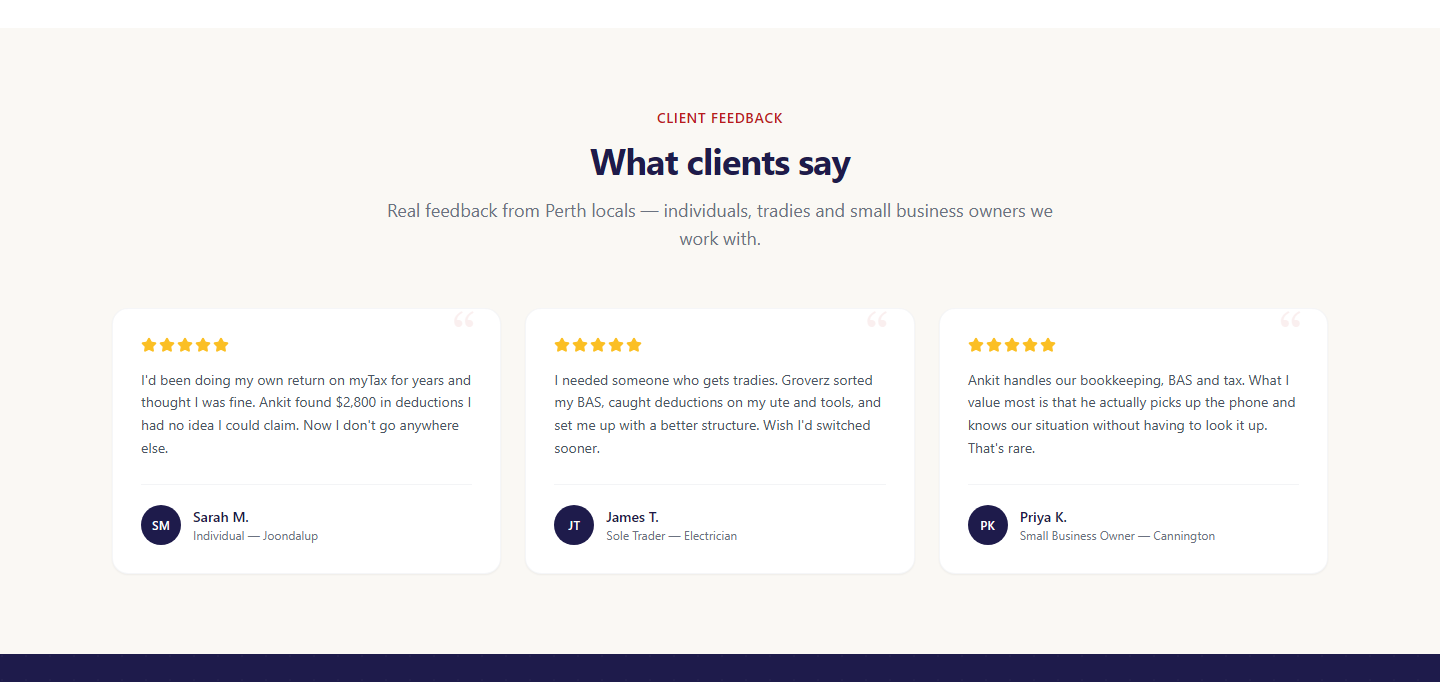 Client testimonials with star ratings, avatar initials, and attribution