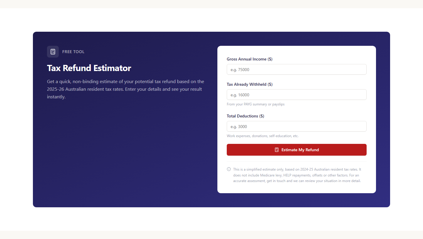 Interactive tax refund estimator using 2025-26 ATO resident rates
