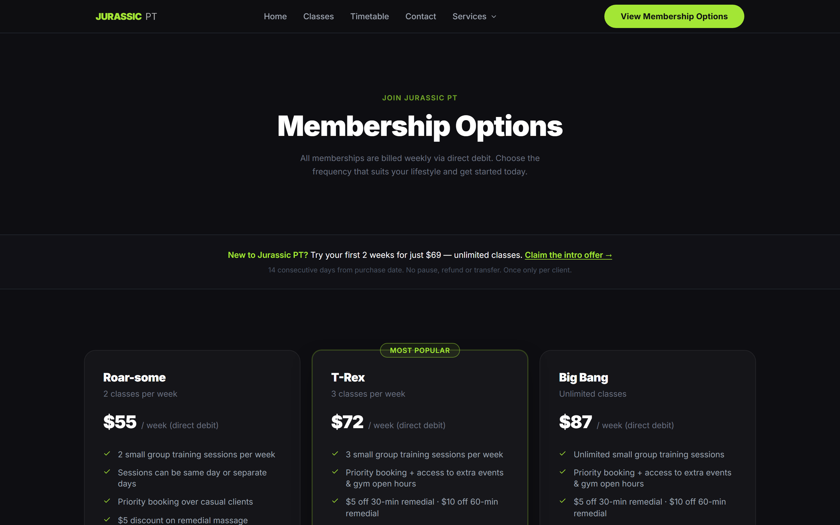 Memberships — dedicated pricing page with tiered plans and feature breakdown