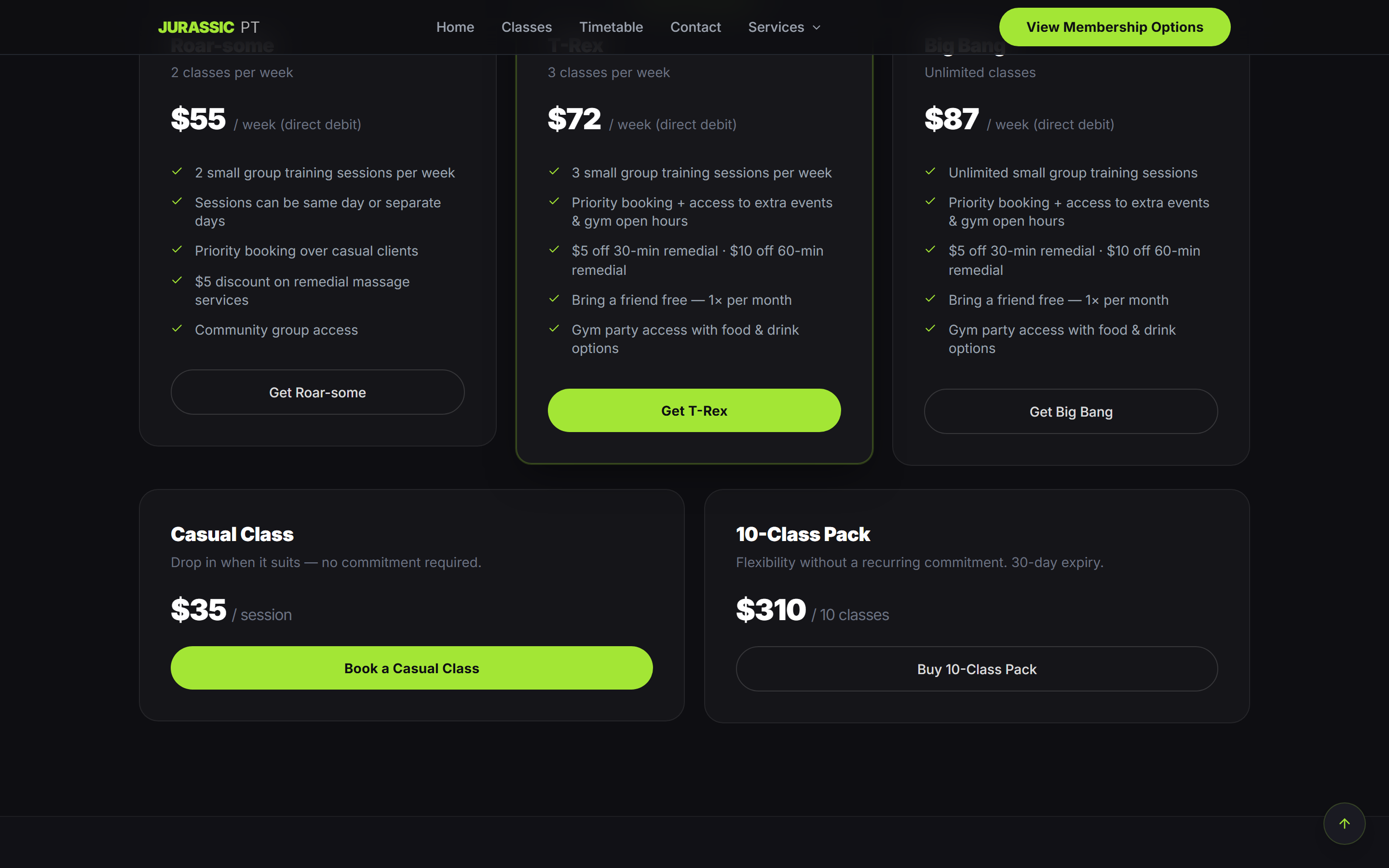 Memberships — plan comparison cards with booking CTAs