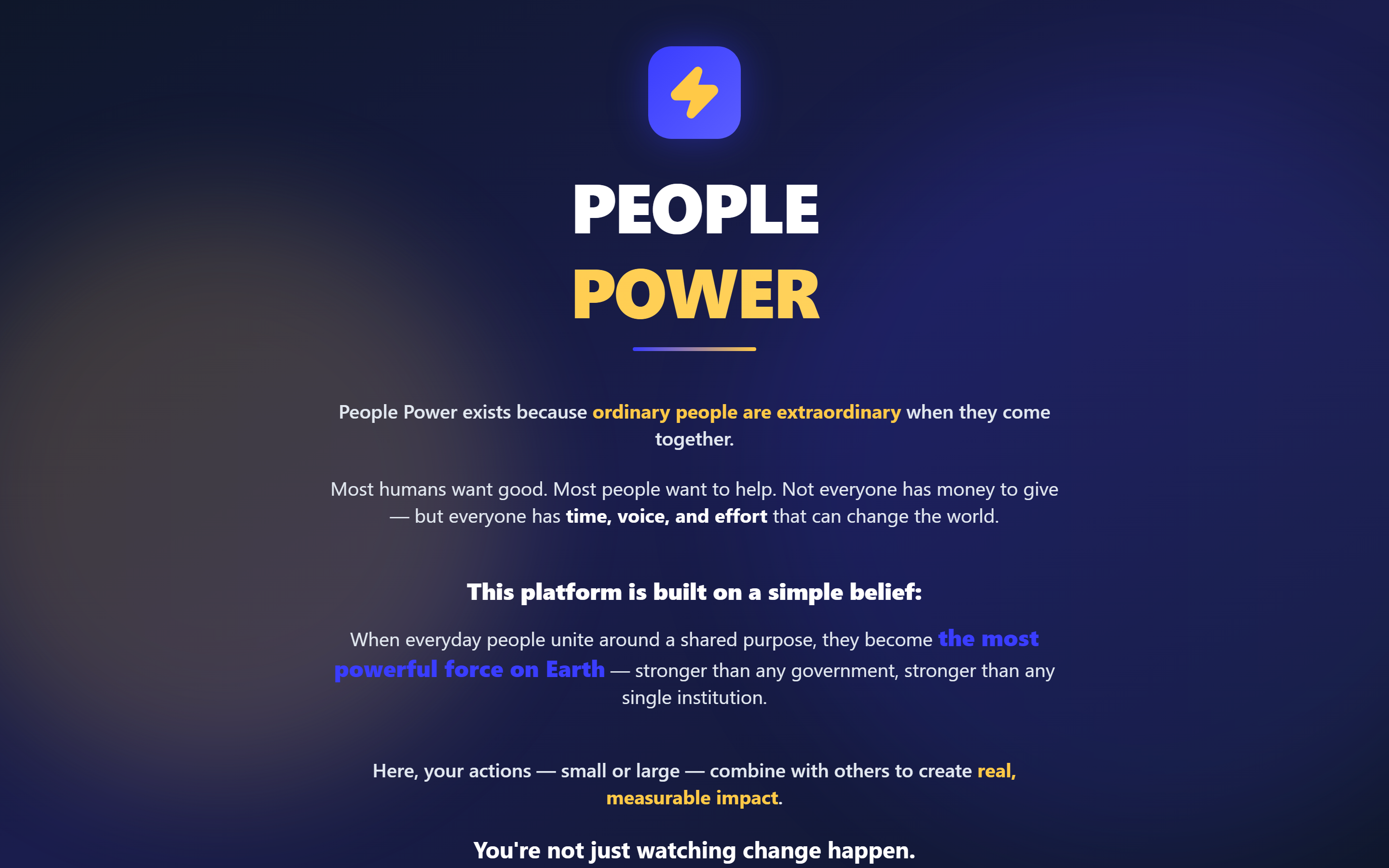 Intro — cinematic brand overlay with mission statement and lightning-bolt mark