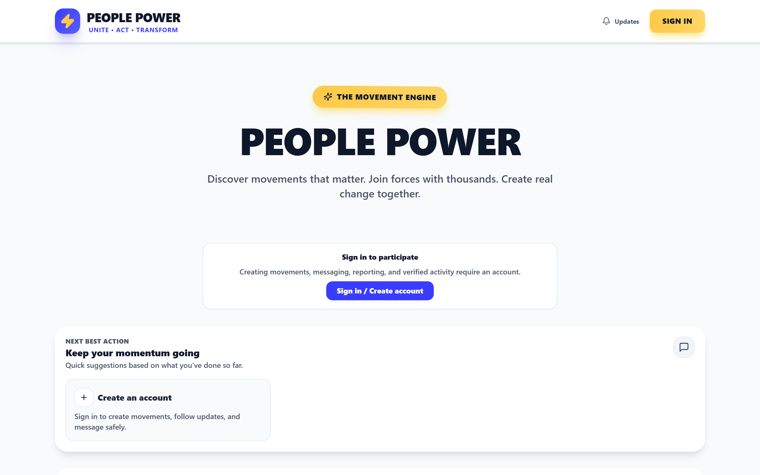 Feed — movement discovery with momentum / newest / impact / local sort modes