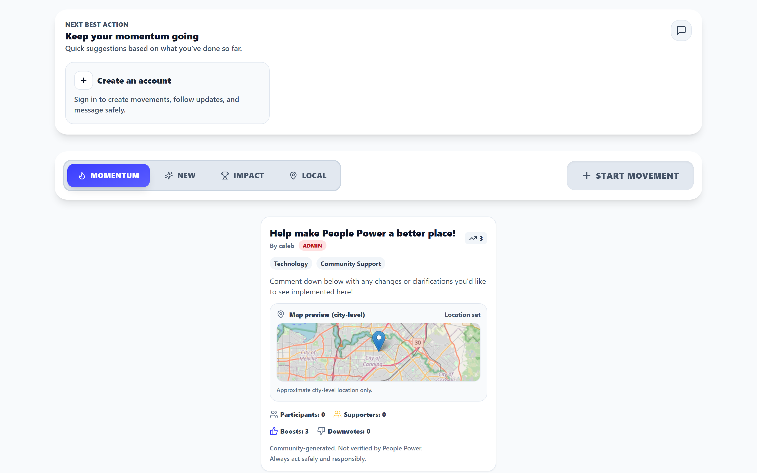 Movement cards — tags, momentum indicators, map preview, and participation stats
