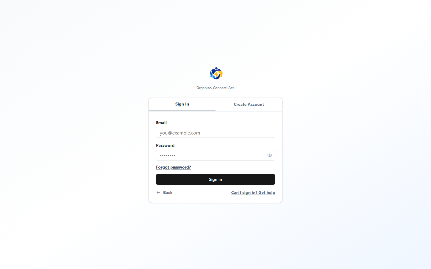 Secure sign-in — email + password auth gating creation, messaging, and reporting