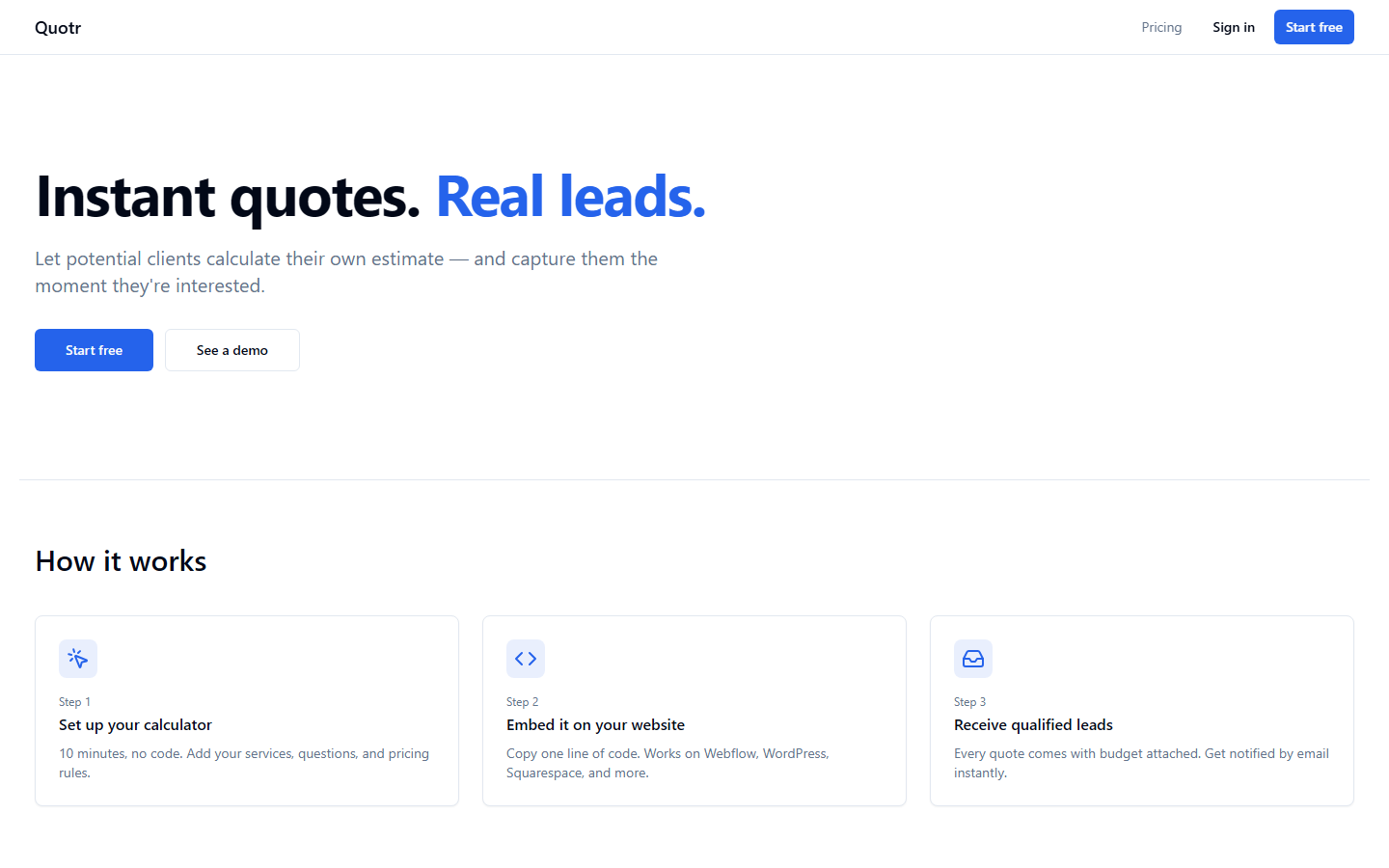Hero — "Instant quotes. Real leads."