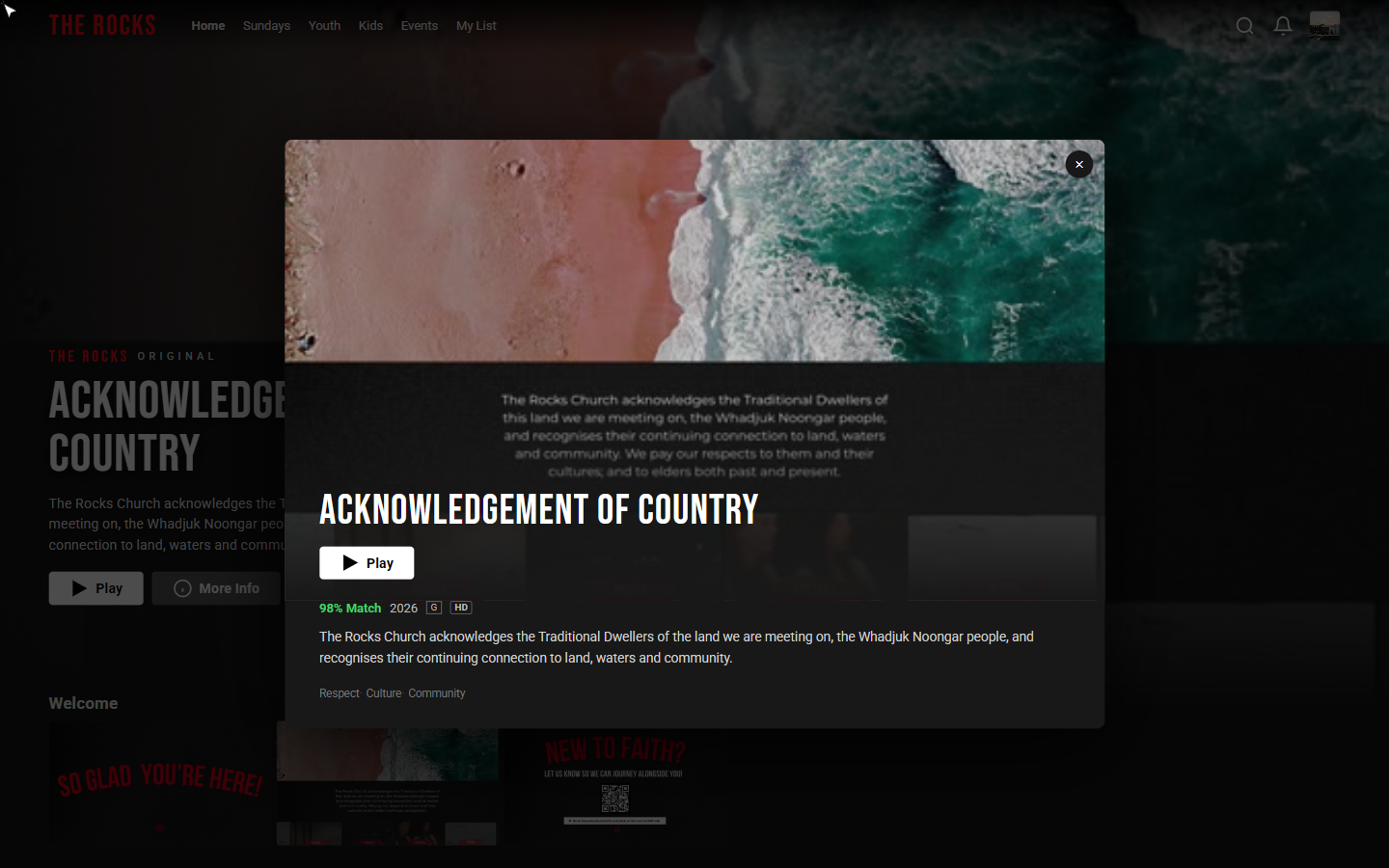 Detail — a title's info panel with description, metadata and play