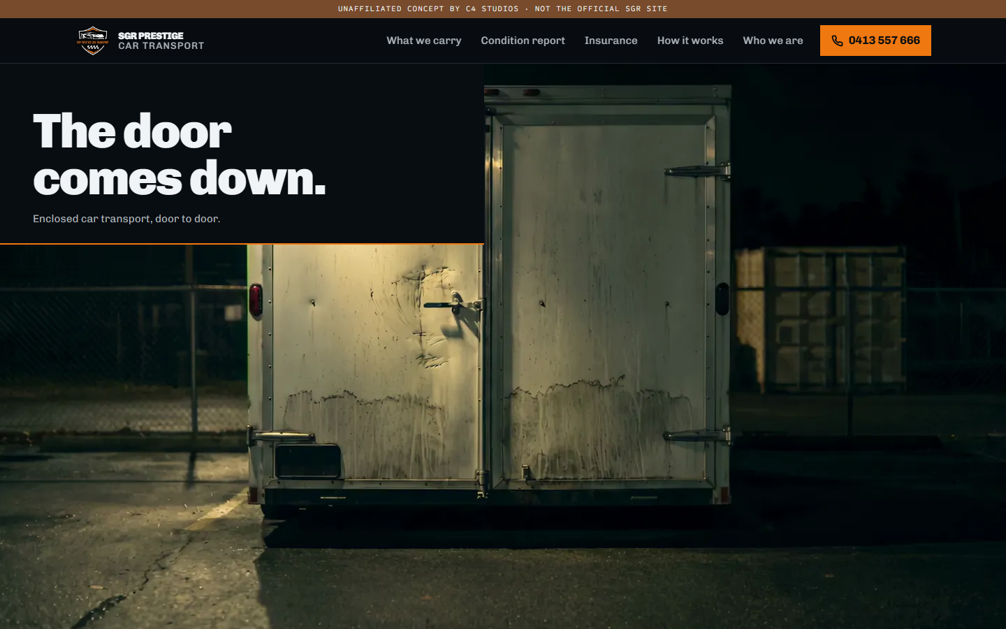 Opening. A scroll-scrubbed night sequence: the trailer, the doors, the car coming down the ramp