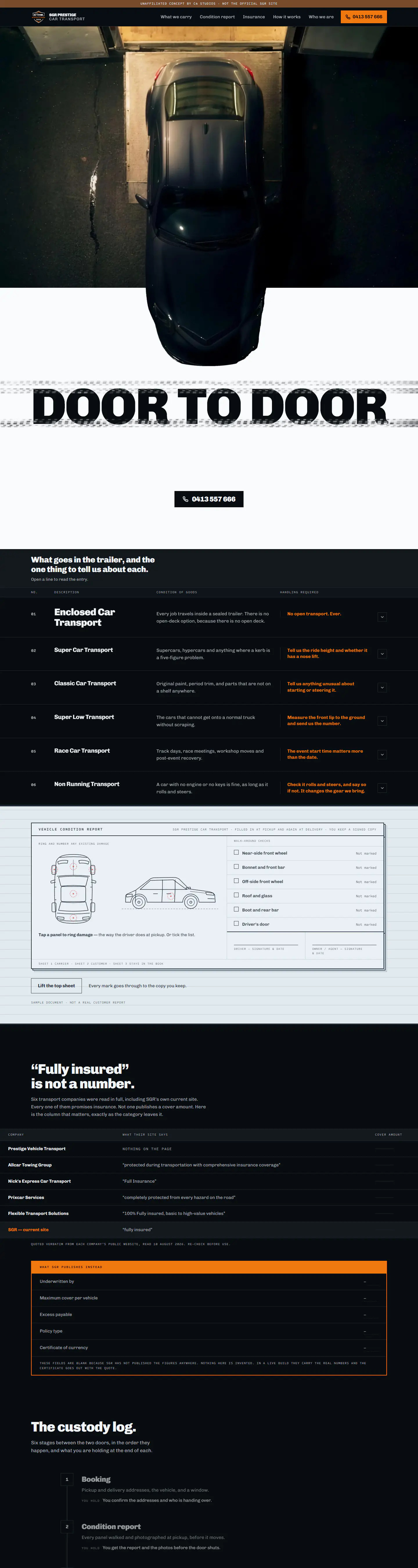 SGR Prestige Car Transport's live site on a desktop screen, from the top of the home page down