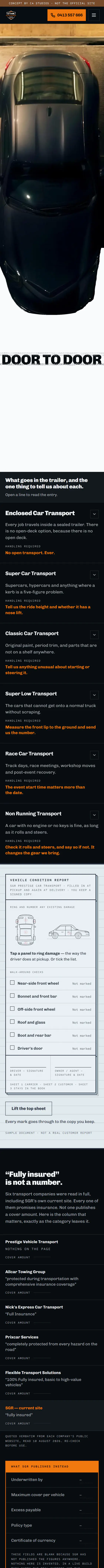 SGR Prestige Car Transport's live site on a phone, from the top of the home page down
