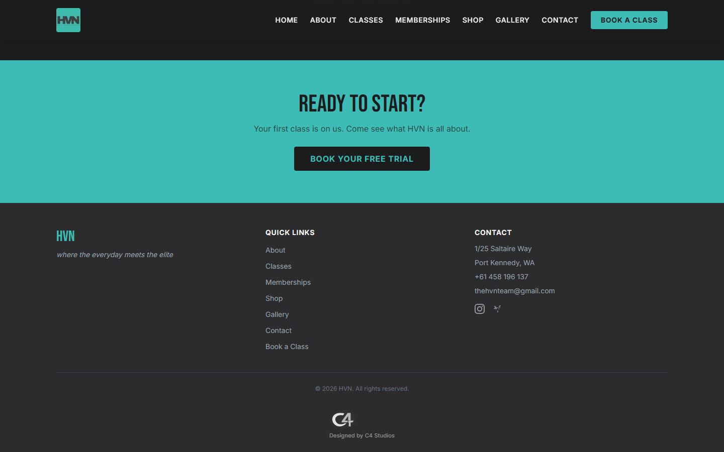 Home — compact class-schedule snippet and "Ready to Start?" CTA banner
